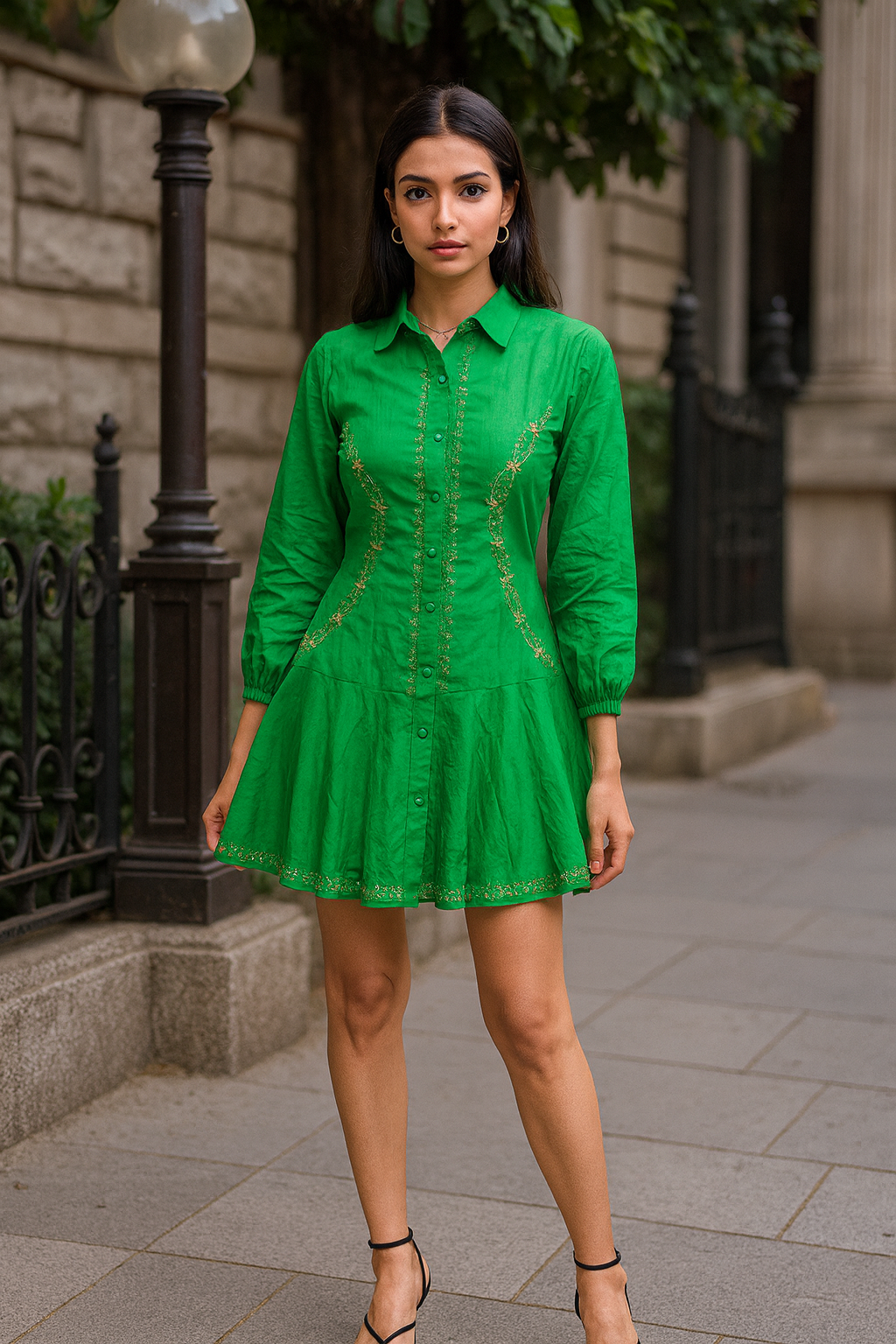 Chikankari embroidered cinched waist mini dress