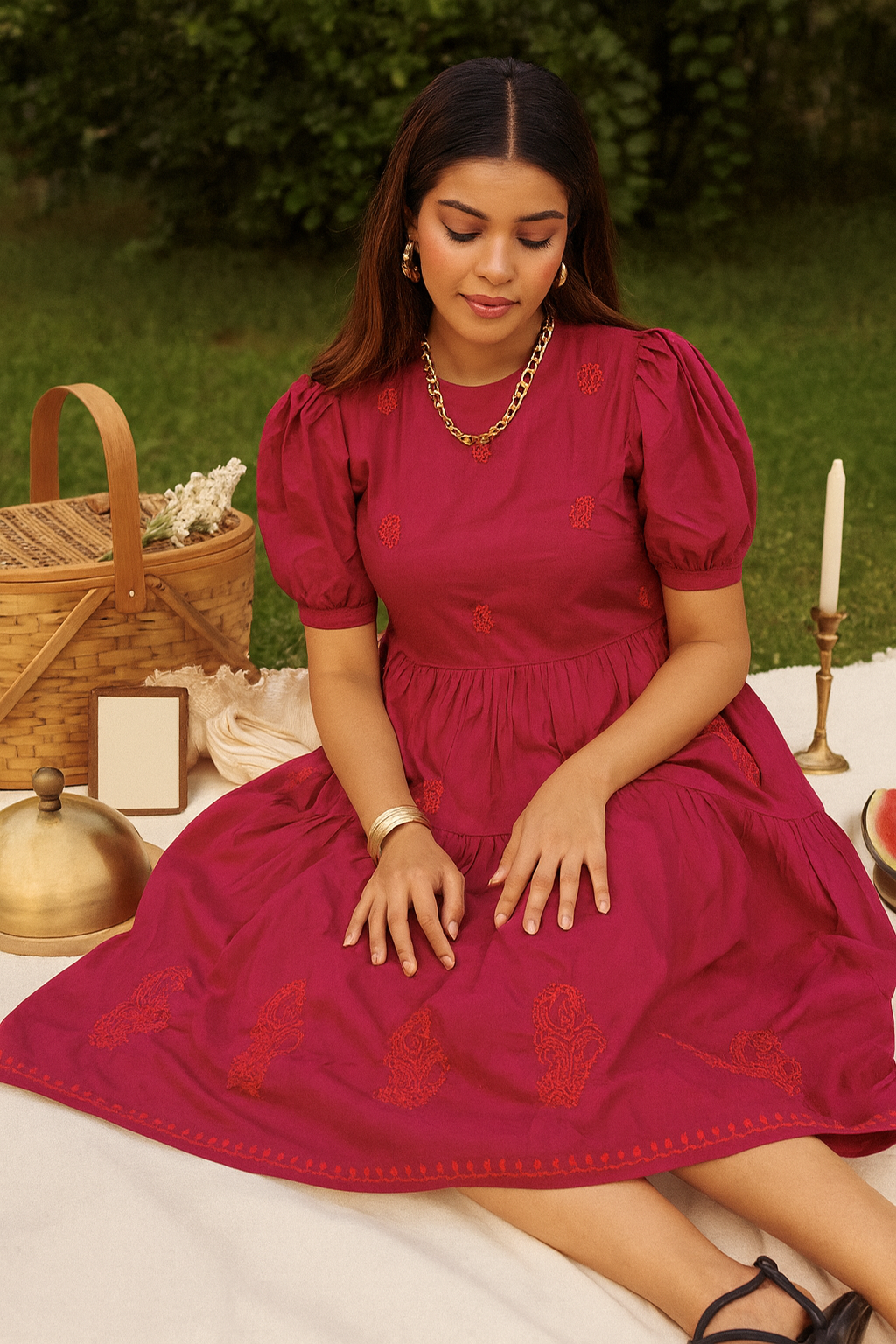 Chikankari embroidered tiered maxi dress