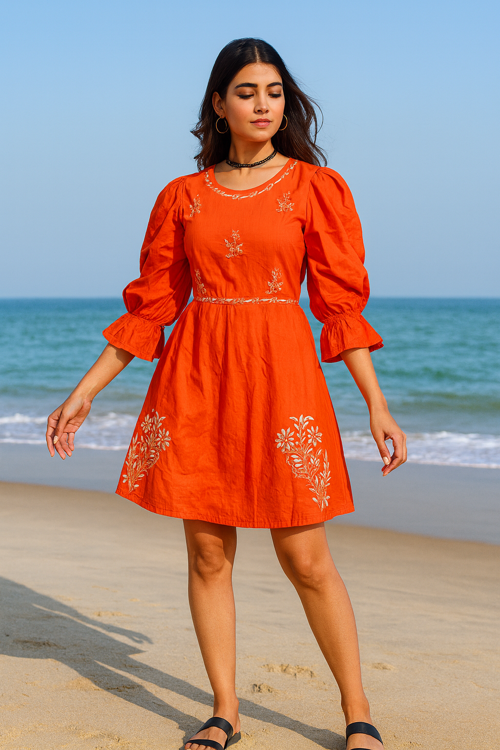 Chikankari embroidered back open marie sleeves dress