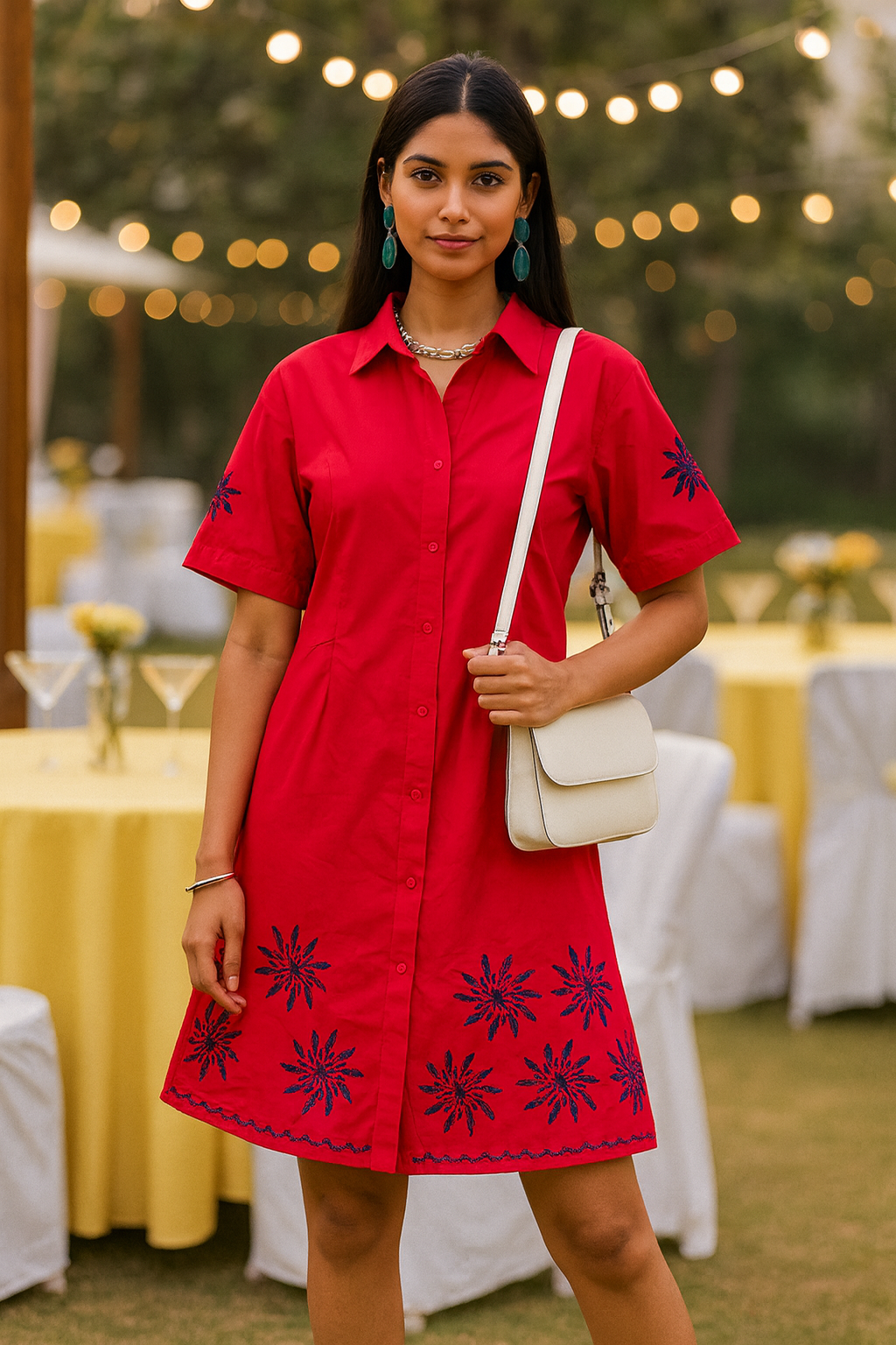Chikankari embroidered cinched waist shirt mini dress