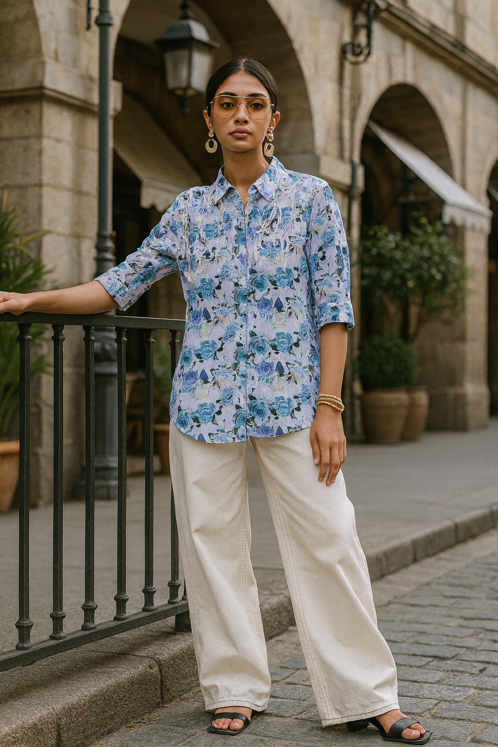 Chikankari embroidered & floral printed 3/4 sleeves shirt