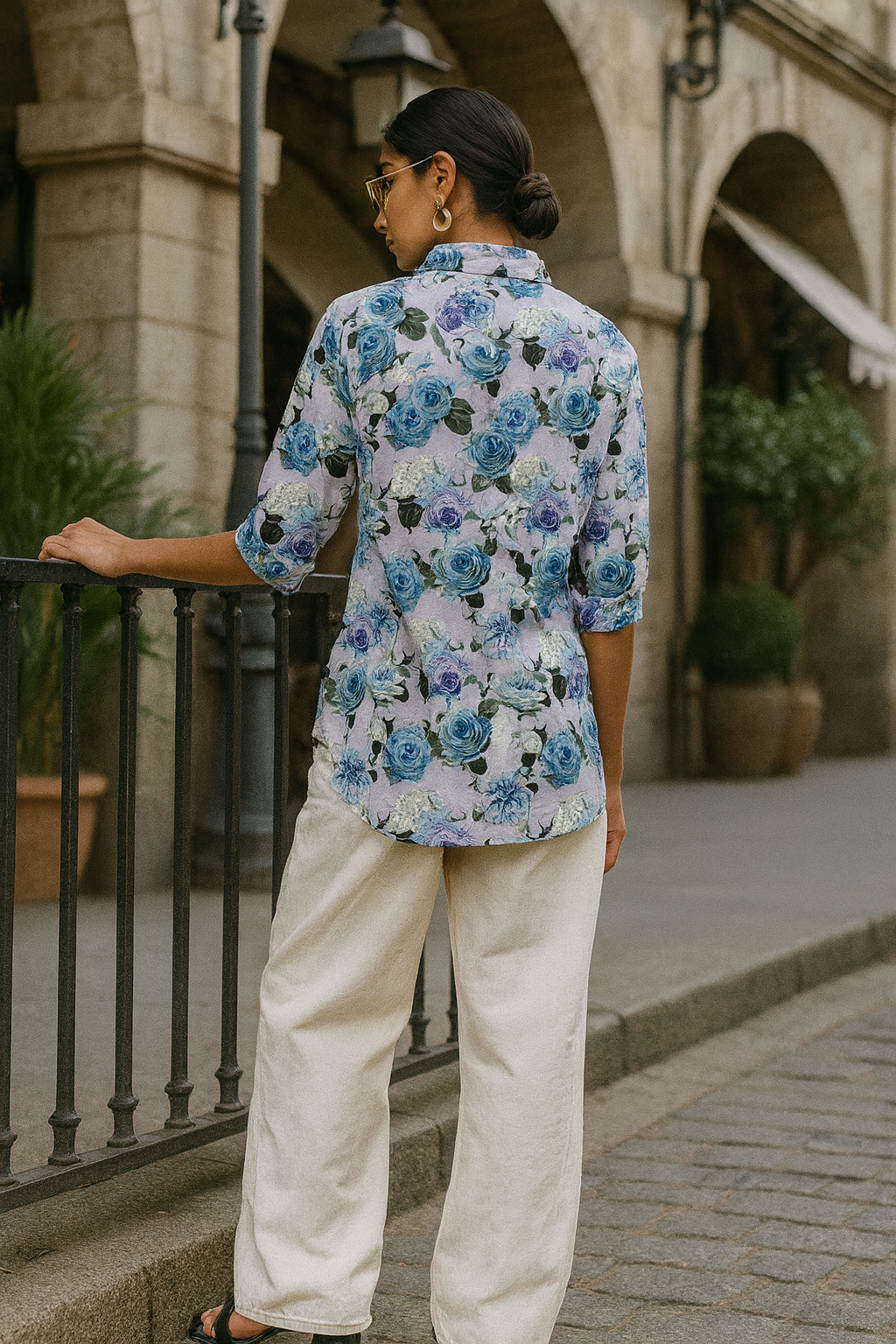 Chikankari embroidered & floral printed 3/4 sleeves shirt