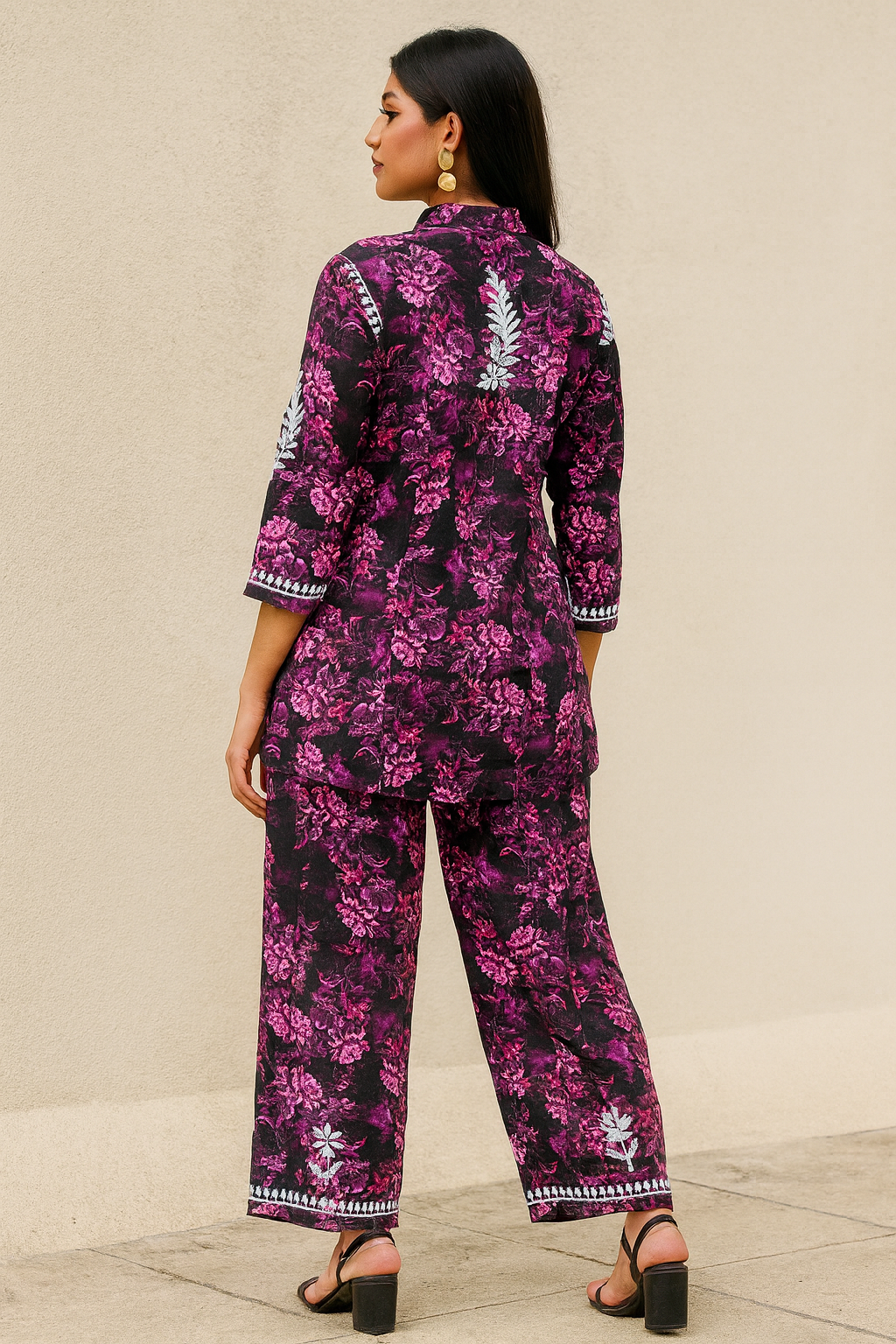 Chikankari embroidered & floral printed 3/4 sleeves co-ord set