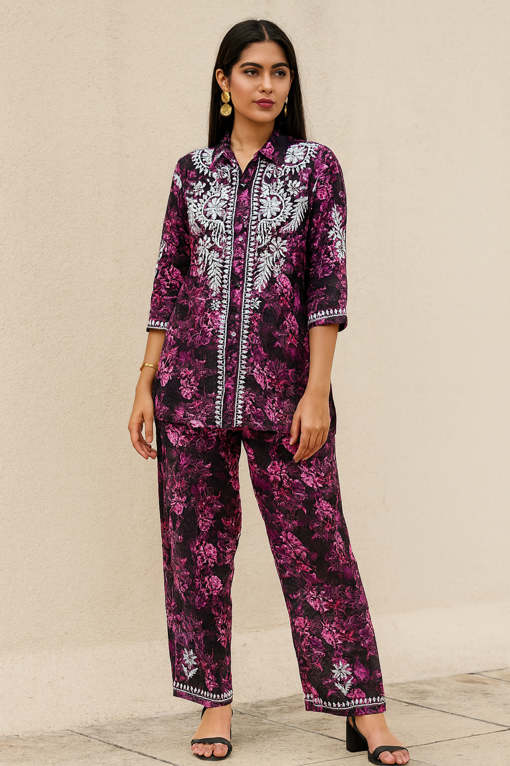 Chikankari embroidered & floral printed 3/4 sleeves co-ord set