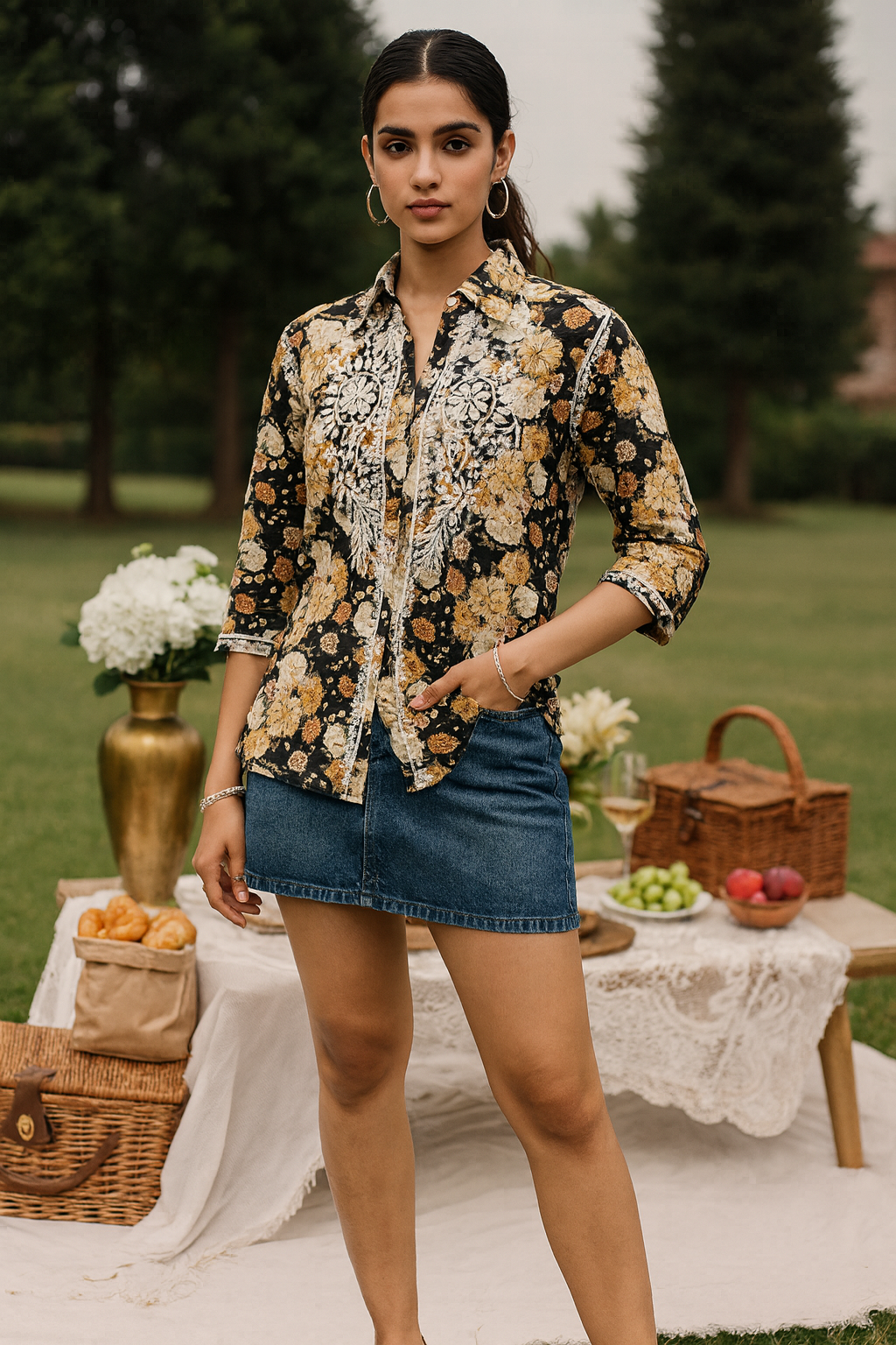 Chikankari embroidered & floral printed 3/4 sleeve shirt