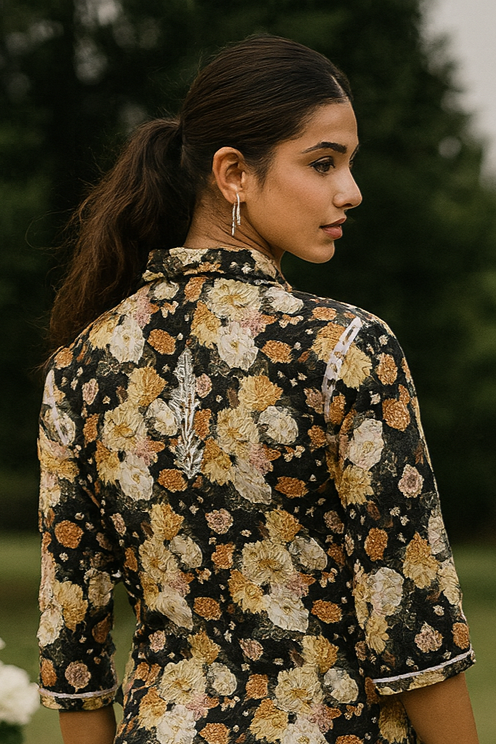 Chikankari embroidered & floral printed 3/4 sleeve shirt