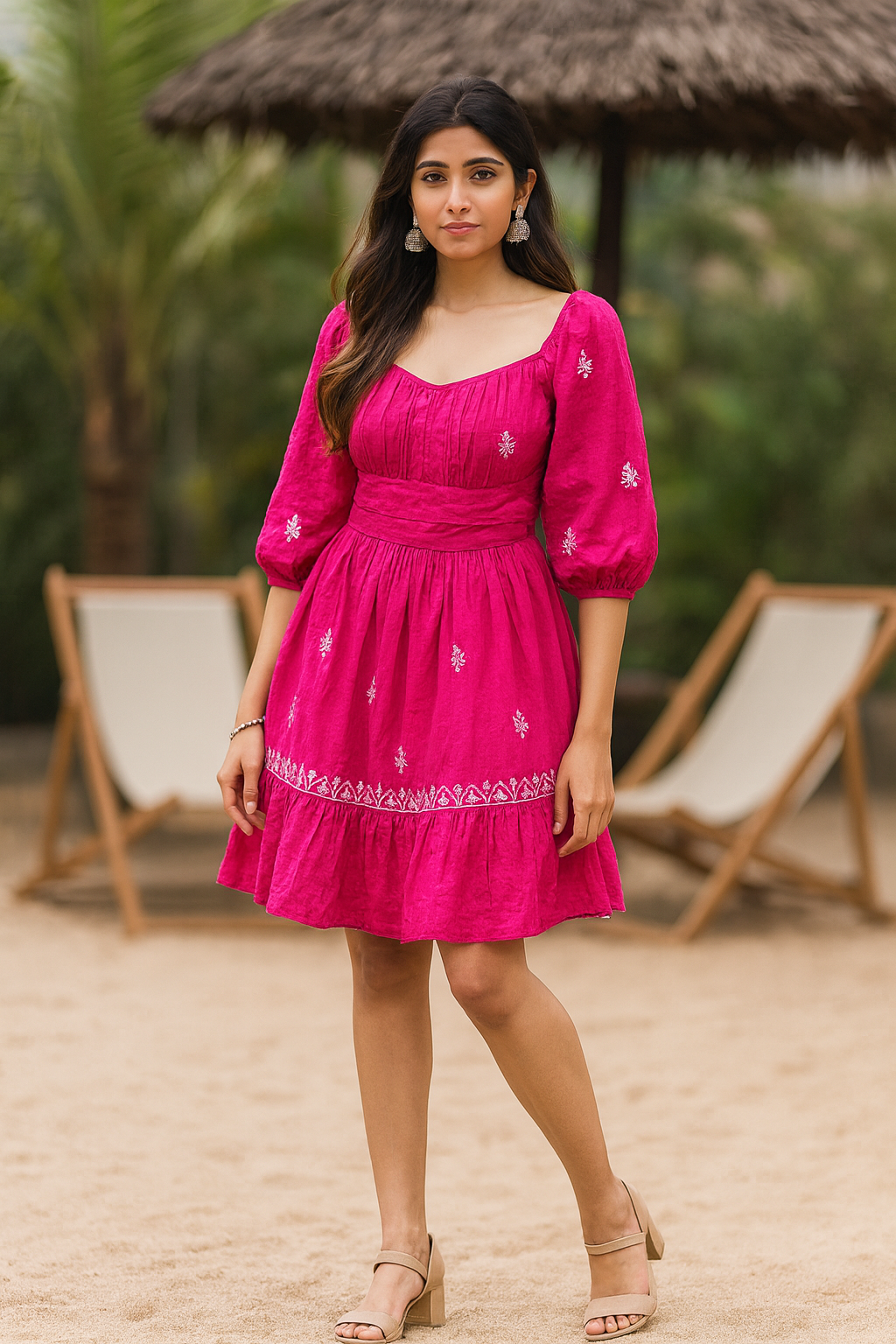 Chikankari embroidered back tie-up & smocked short dress