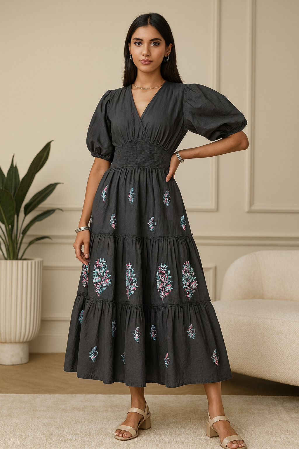 Chikankari embroidered ankle length empire dress