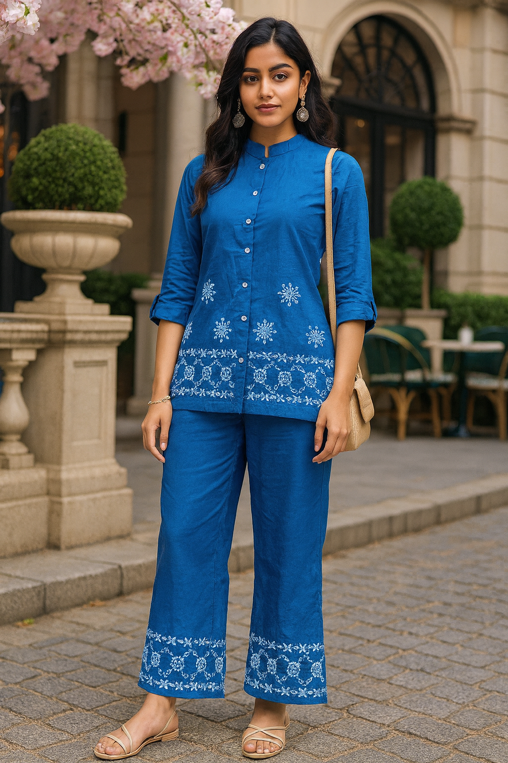 Chikankari embroidered mandarin collar co-ord set