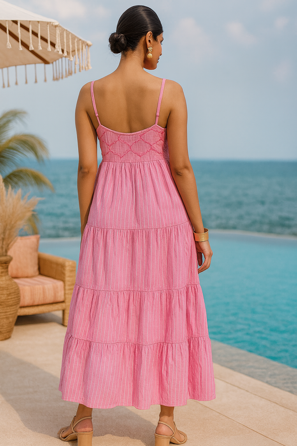 Chikankari embroidered & striped ankle length tiered dress