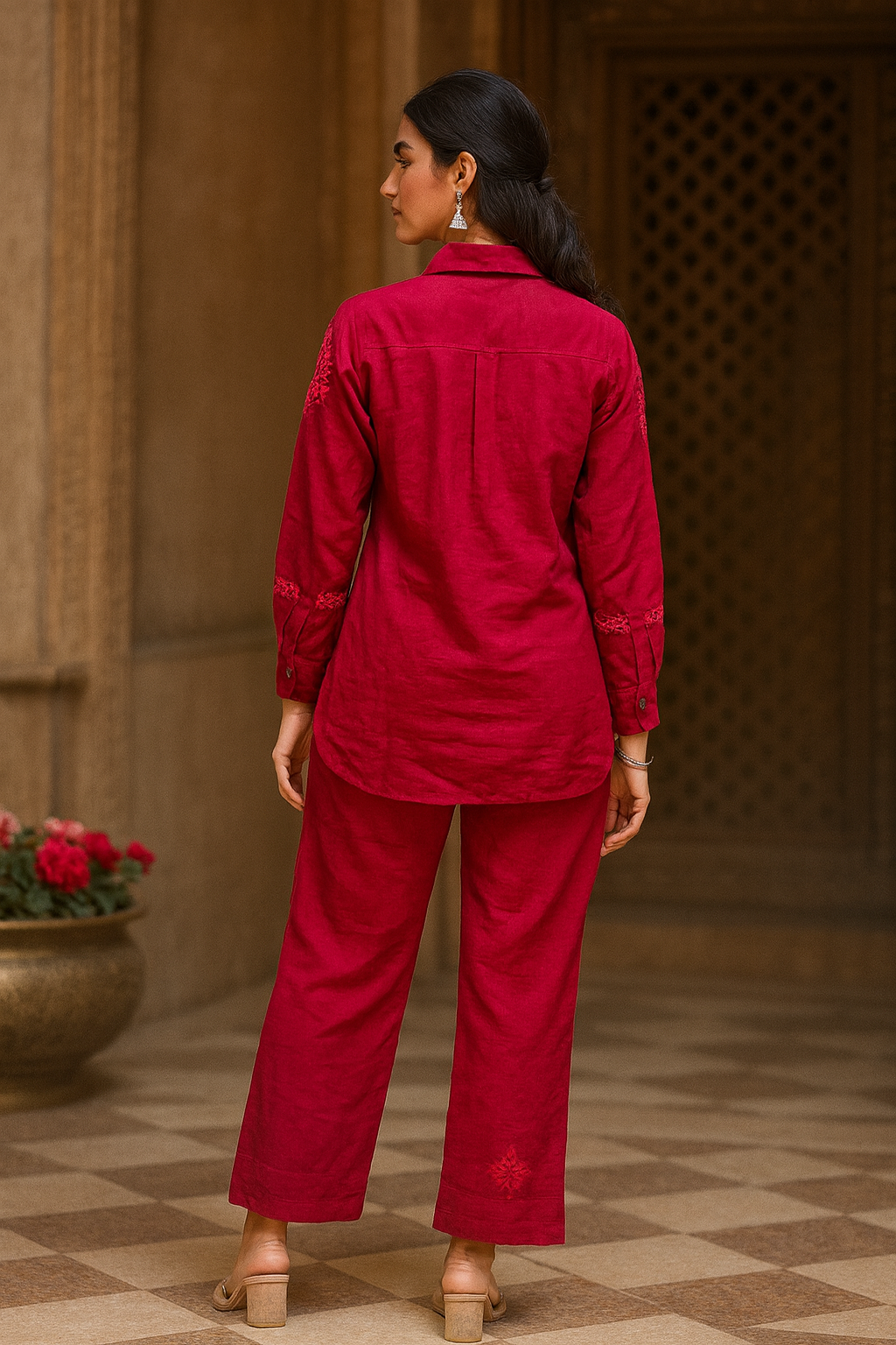 Chikankari embroidered high low hem full sleeves co-ord set