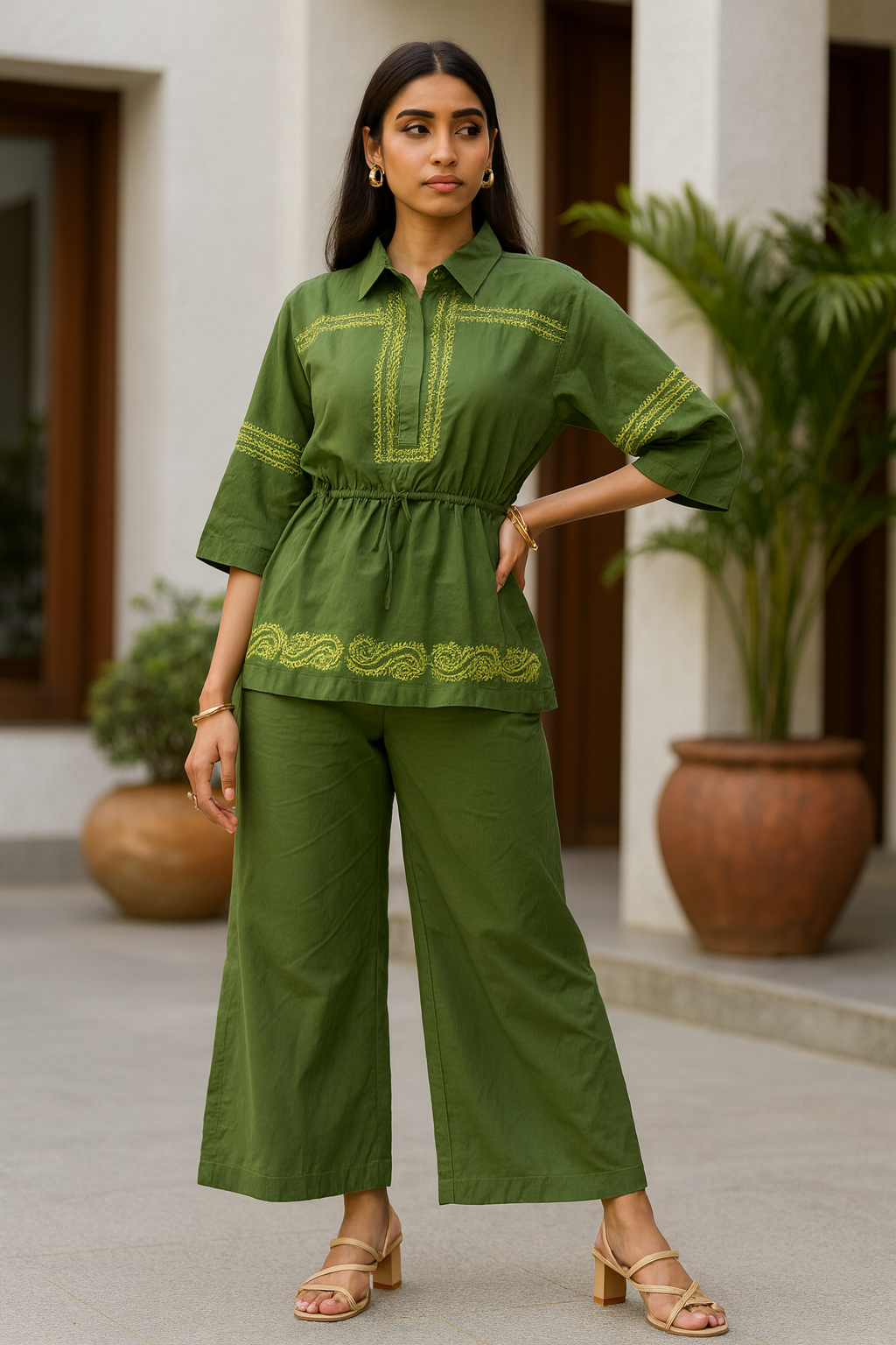 Chikankari embroidered tie-up top co-ord set