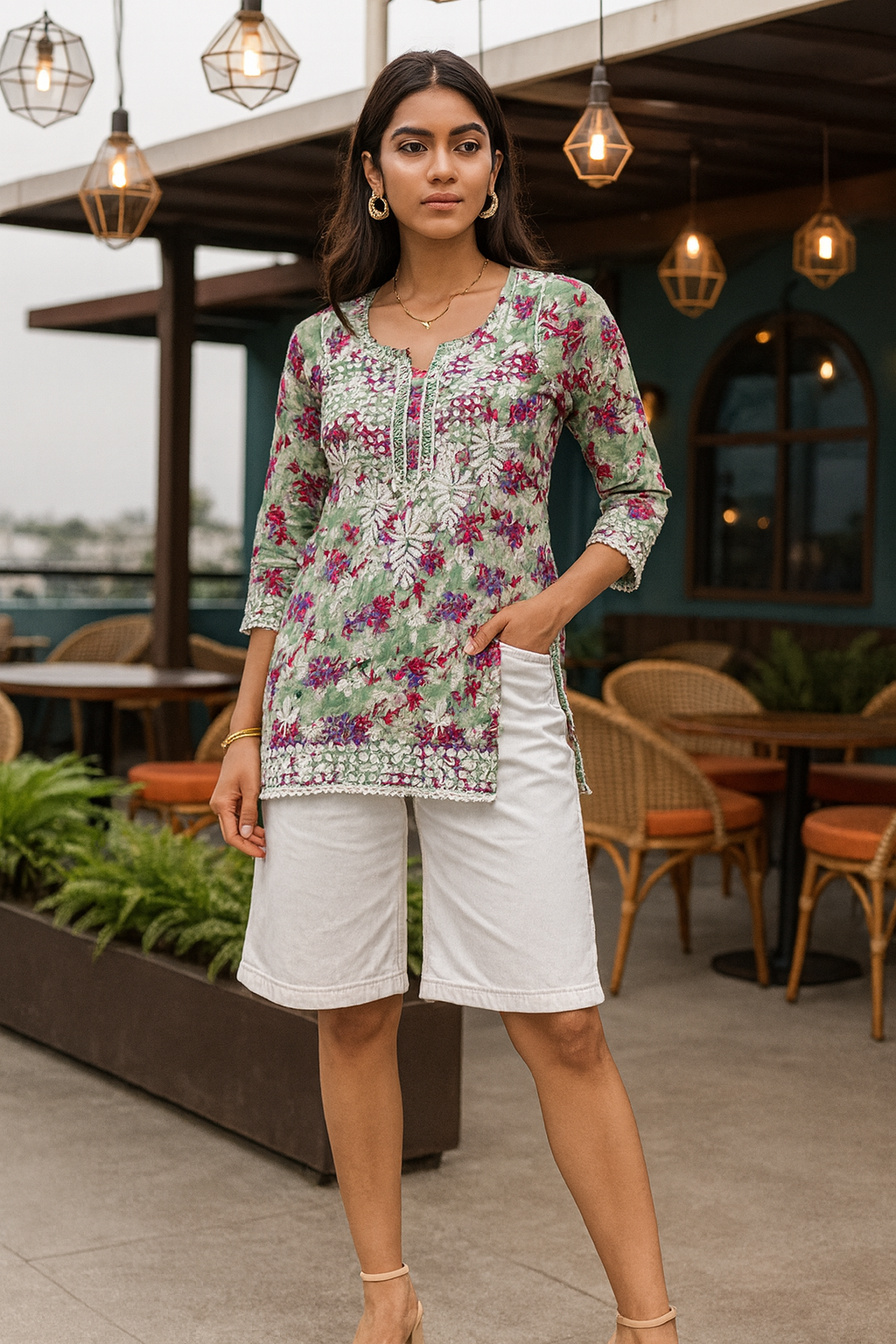 Chikankari embroidered, floral printed & lace detailed long top