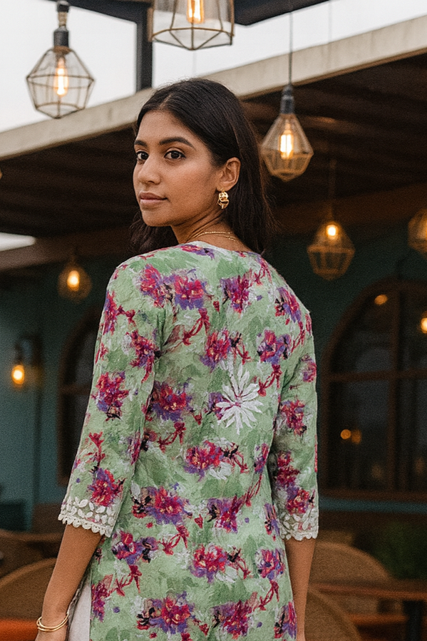 Chikankari embroidered, floral printed & lace detailed long top