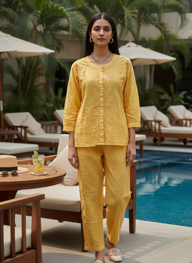 Chikankari embroidered butti 3/4 sleeves co-ord set