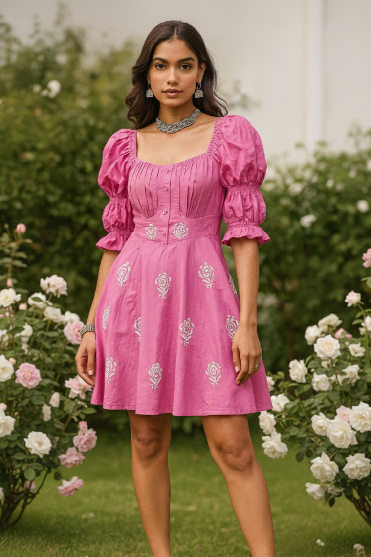 Chikankari embroidered marie sleeves mini dress