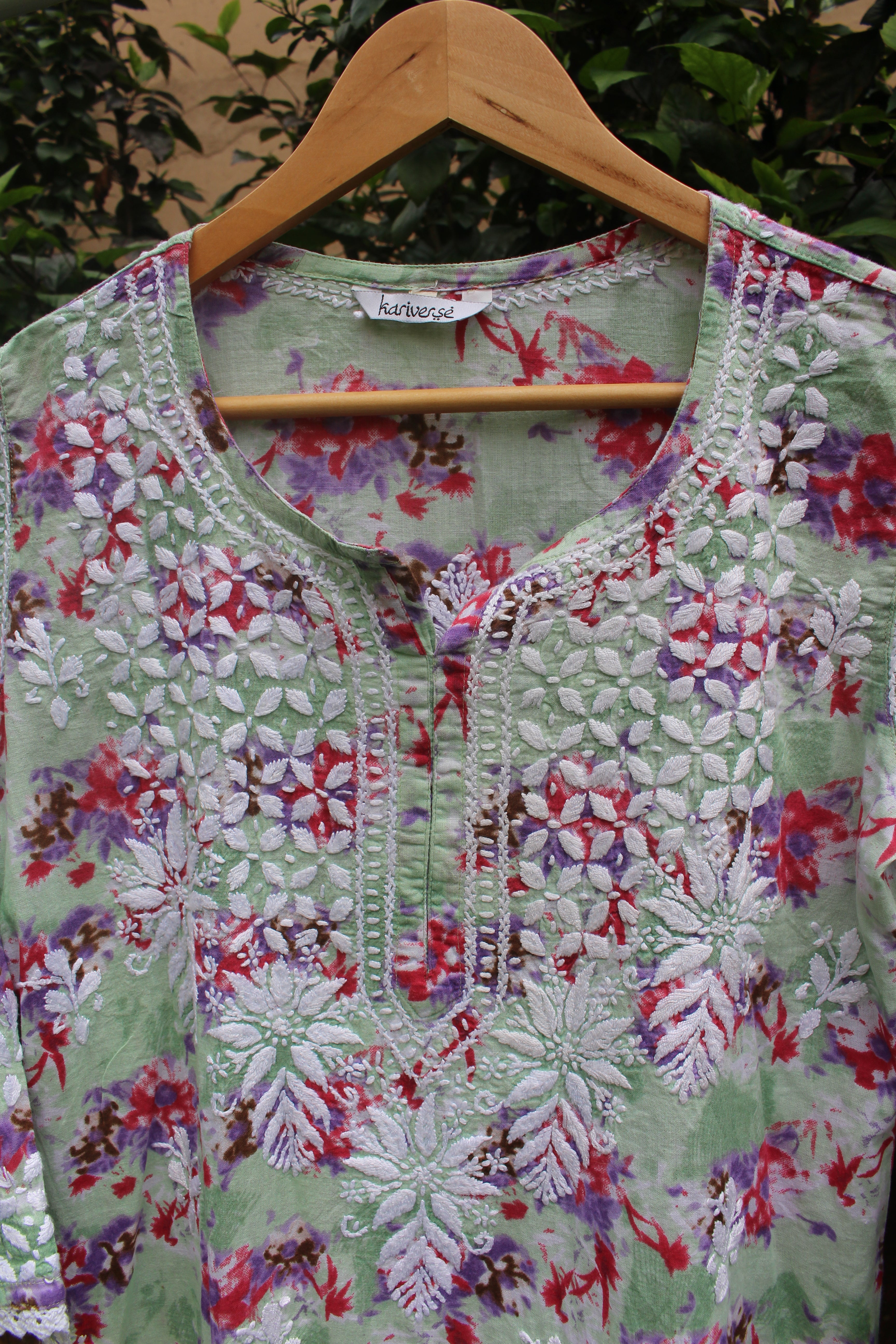 Chikankari embroidered, floral printed & lace detailed long top