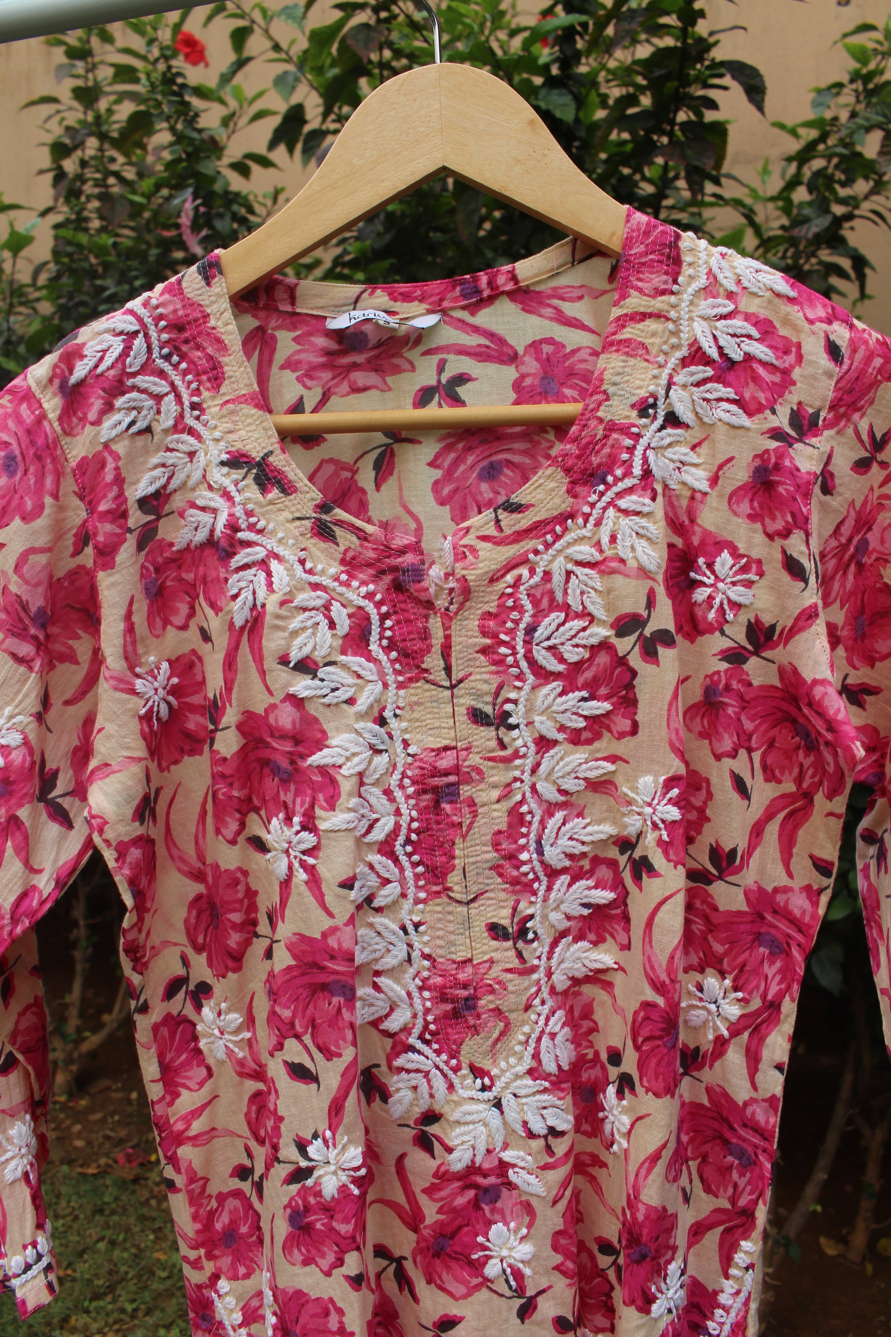 Chikankari embroidered & floral printed long top