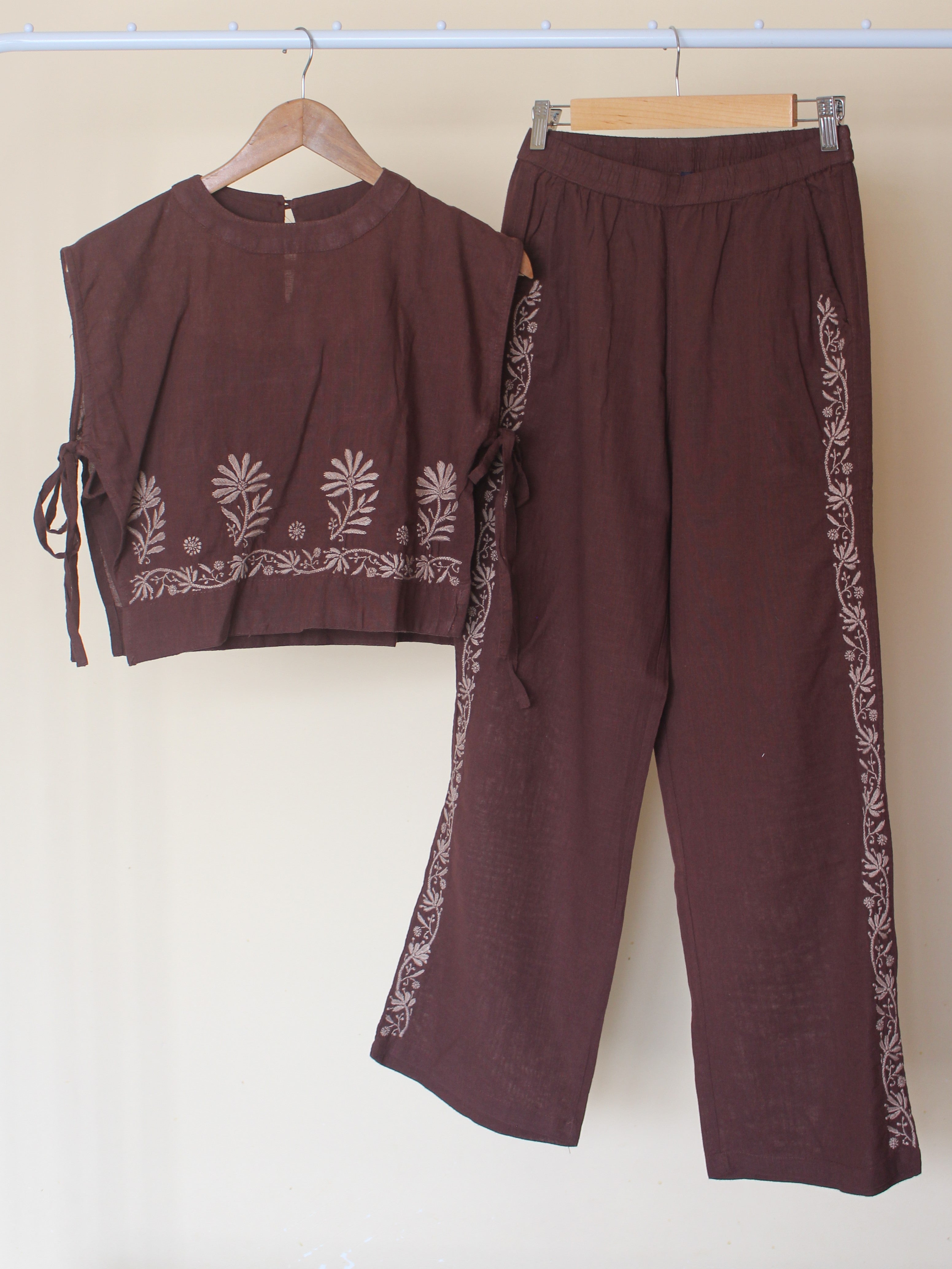 Chikankari embroidery 3 piece side tie-up co-ord set