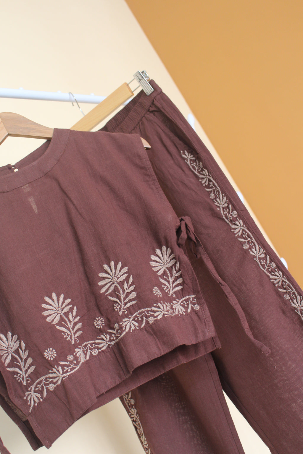 Chikankari embroidery 3 piece side tie-up co-ord set