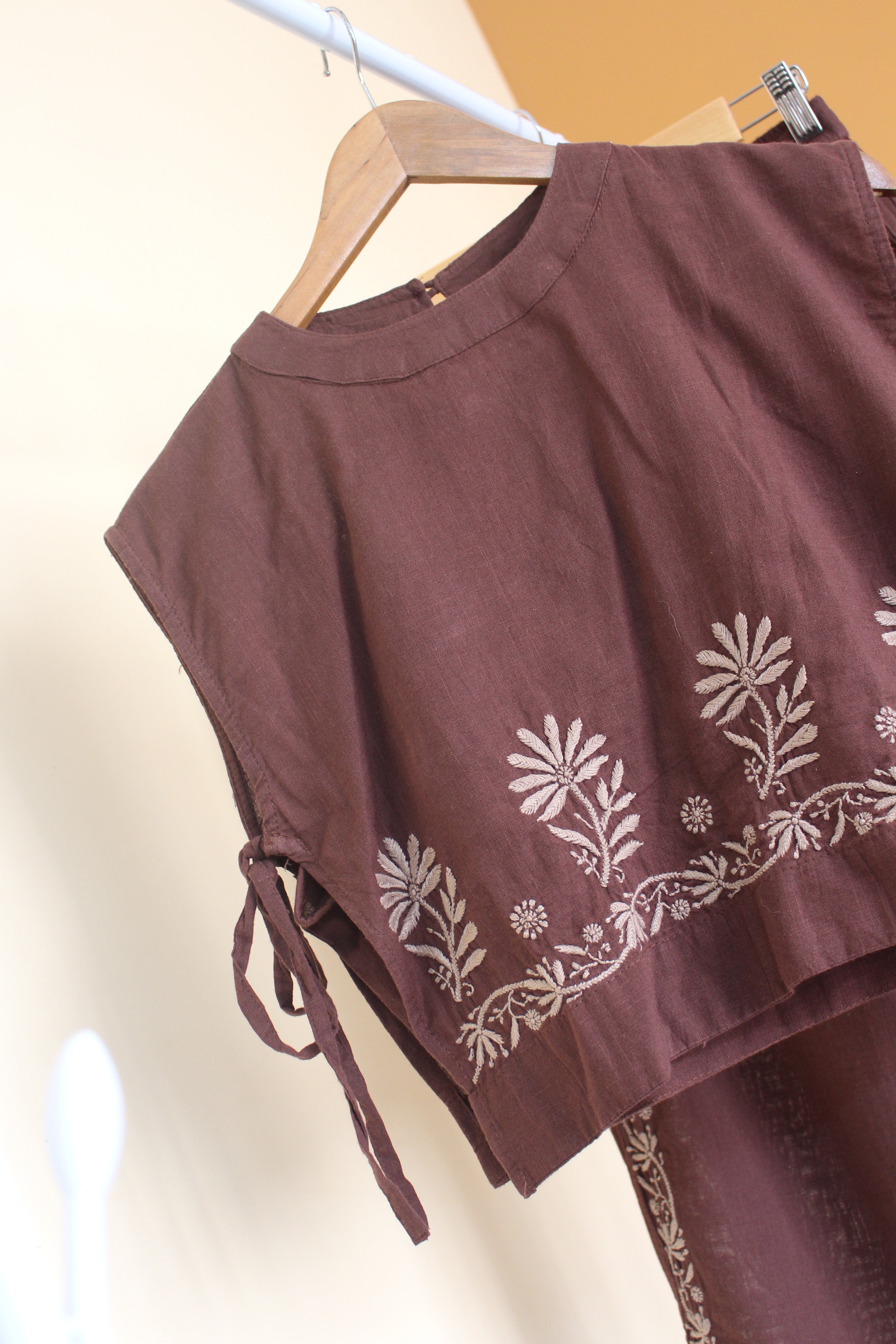 Chikankari embroidery 3 piece side tie-up co-ord set