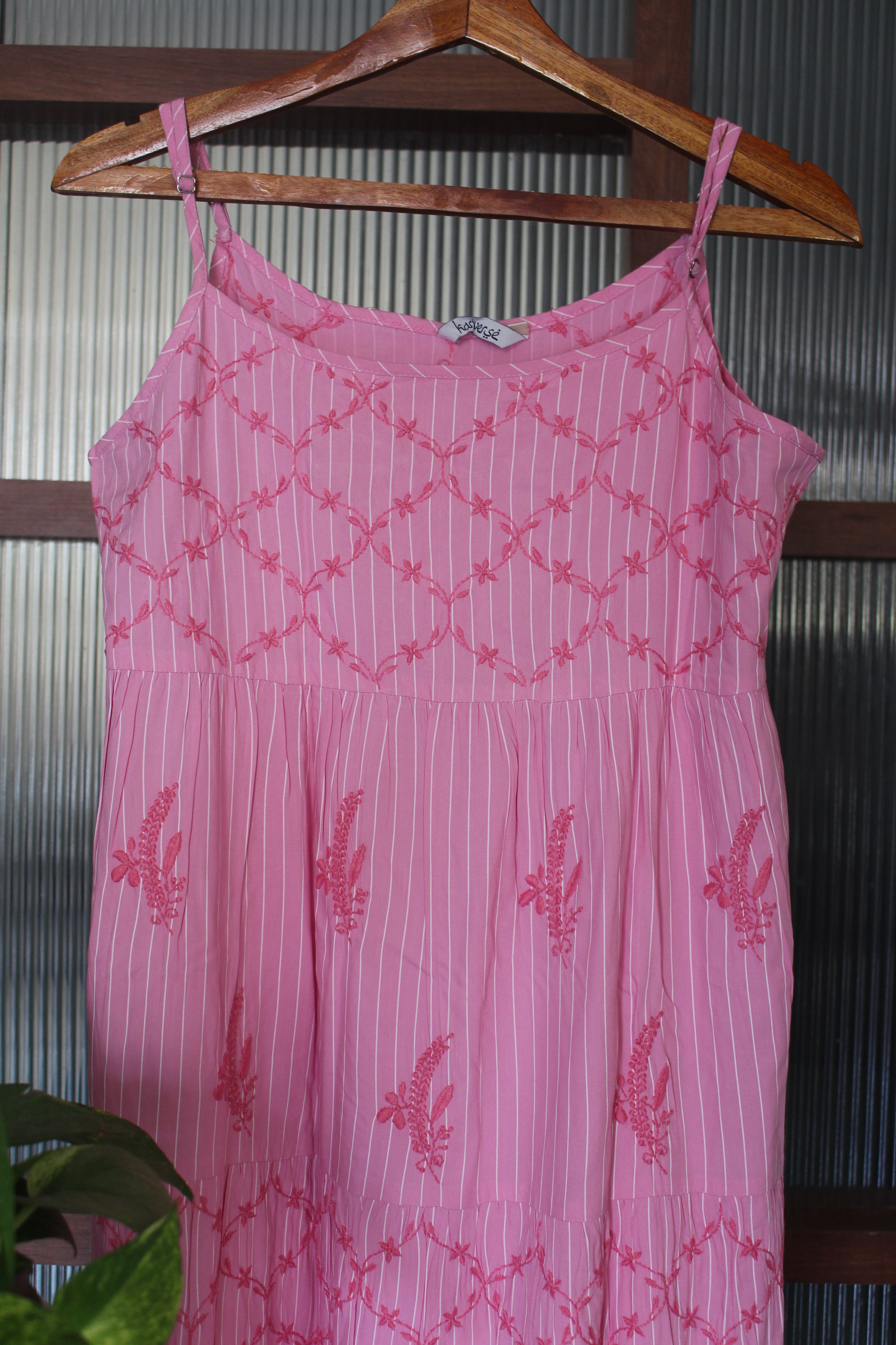 Chikankari embroidered & striped ankle length tiered dress