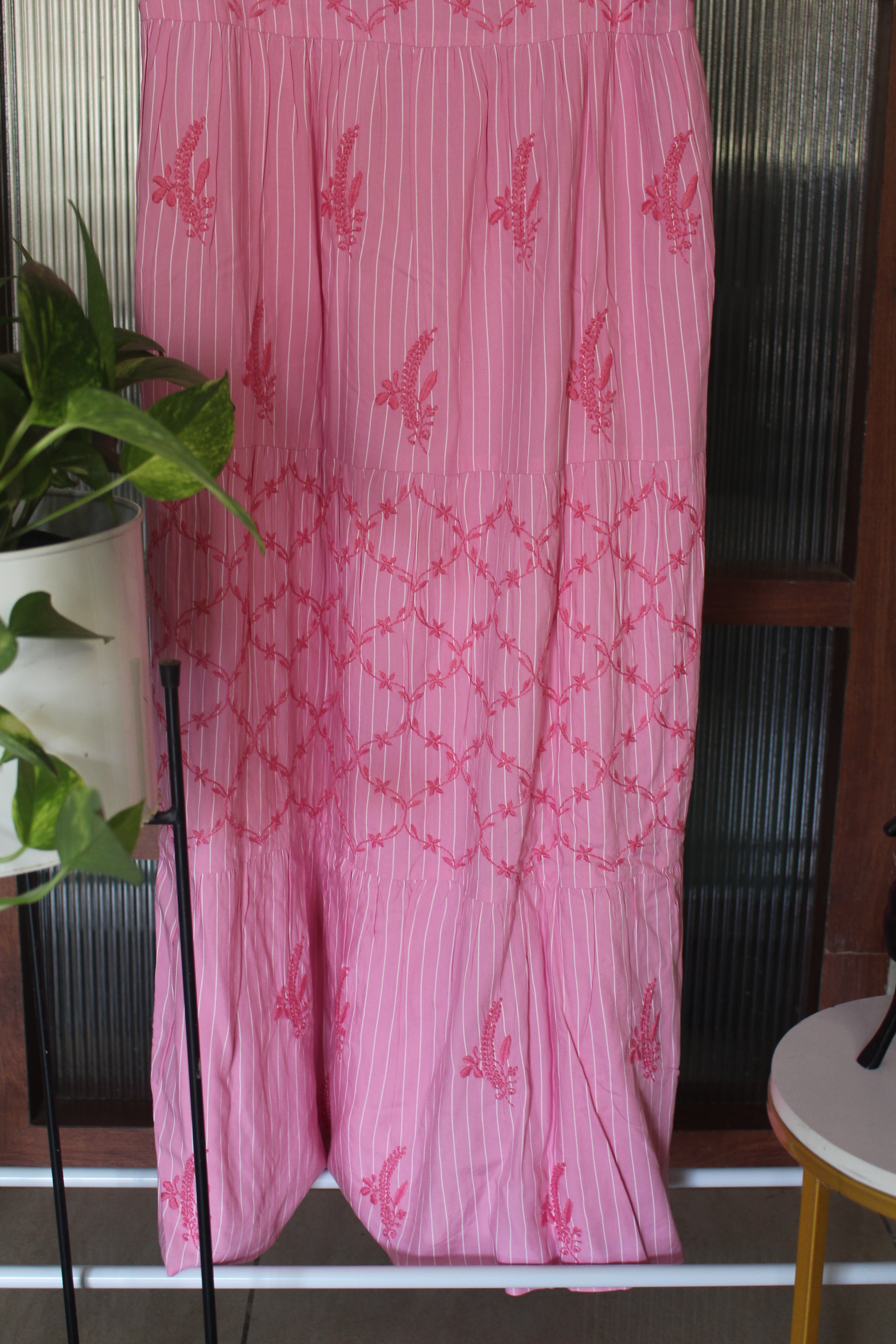 Chikankari embroidered & striped ankle length tiered dress