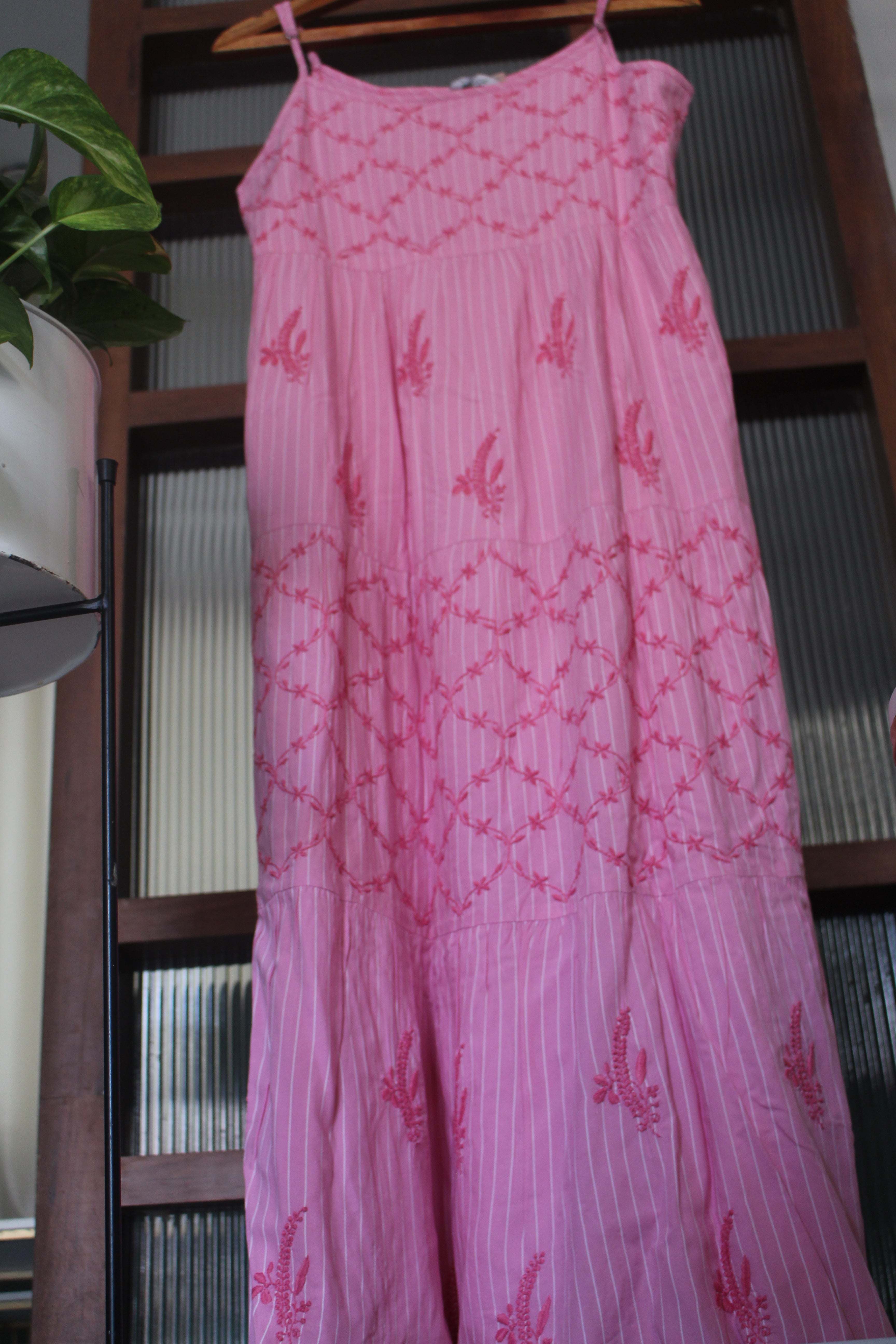 Chikankari embroidered & striped ankle length tiered dress