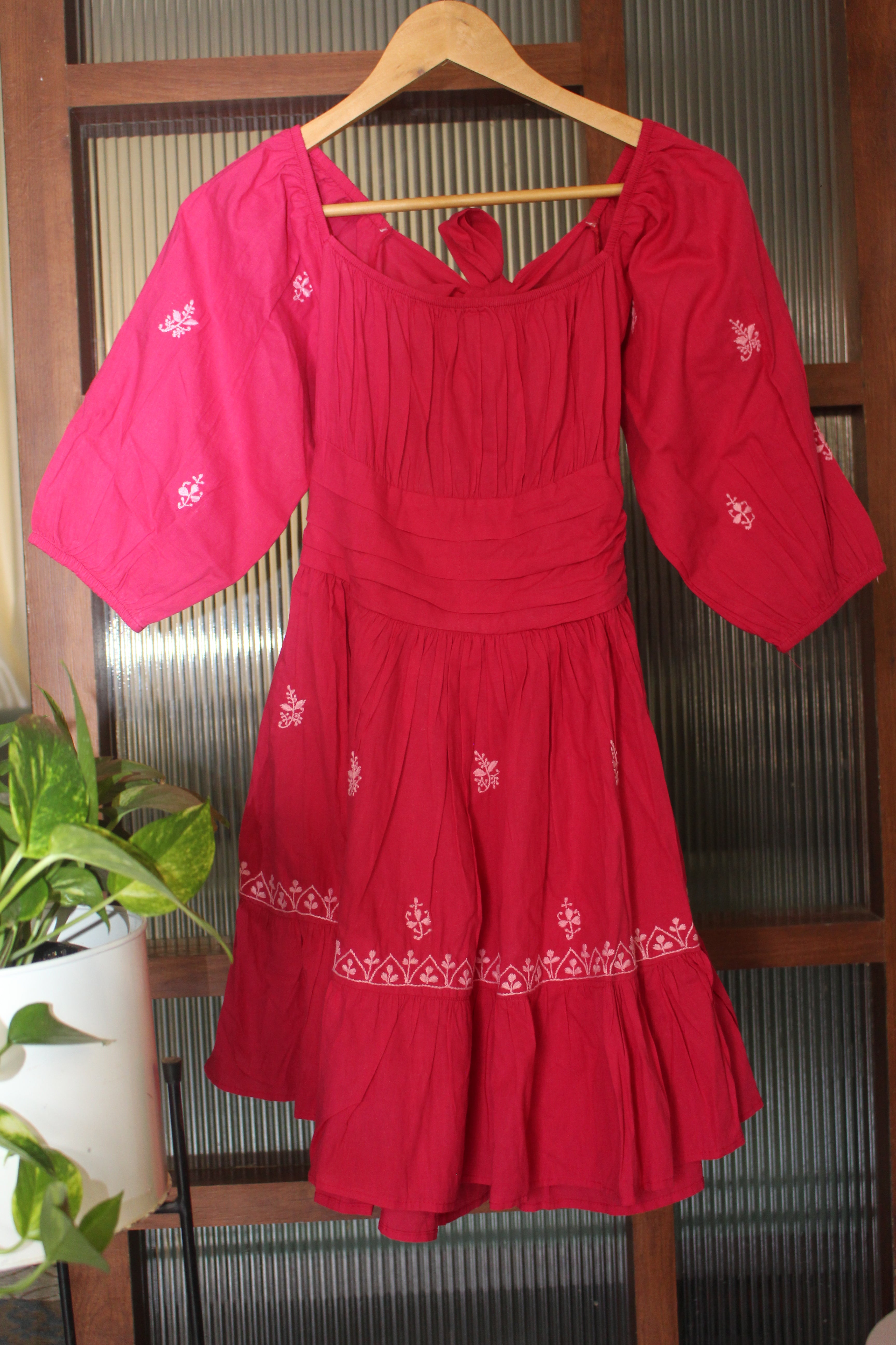 Chikankari embroidered back tie-up & smocked short dress