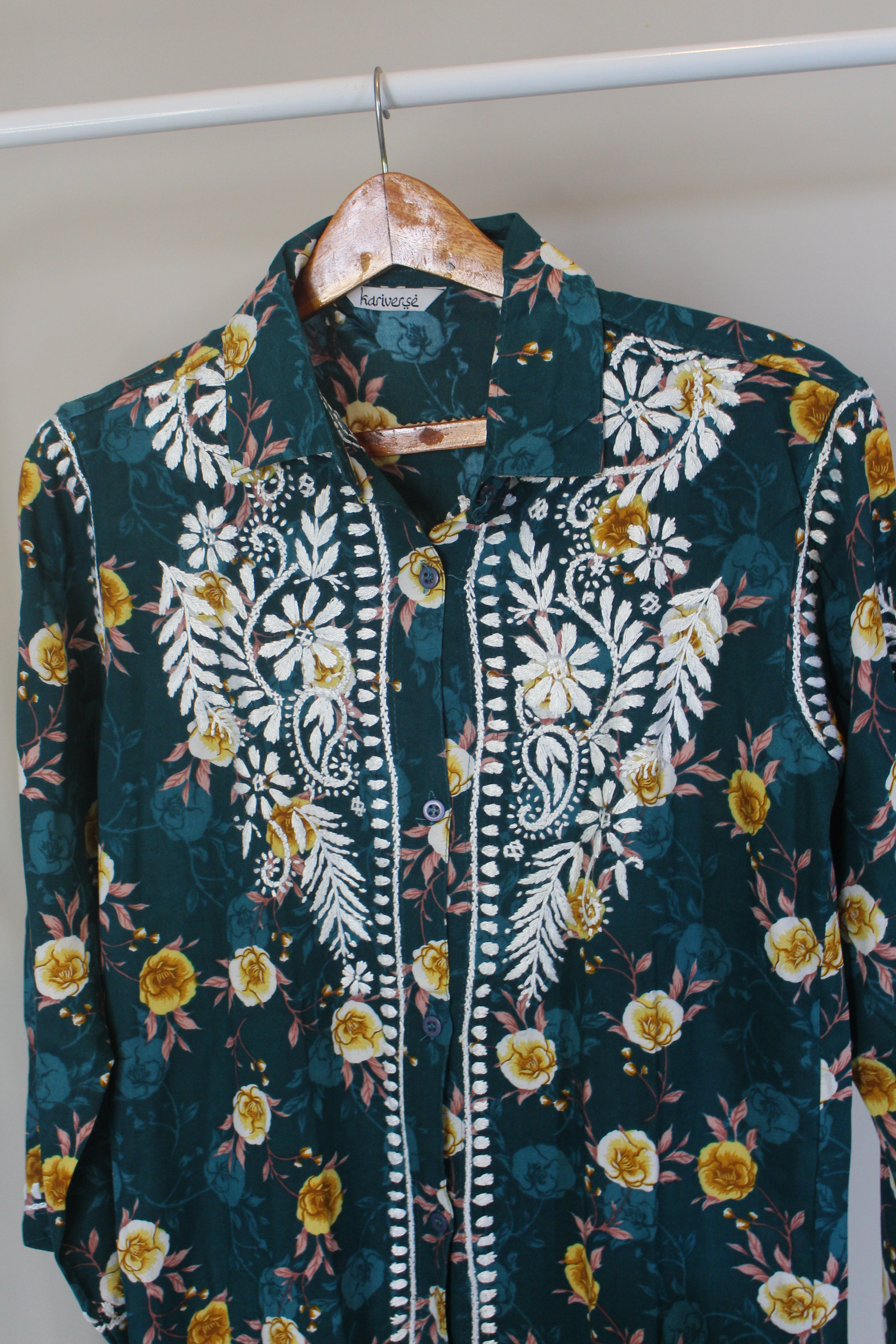 Chikankari embroidered & floral printed 3/4 sleeve shirt