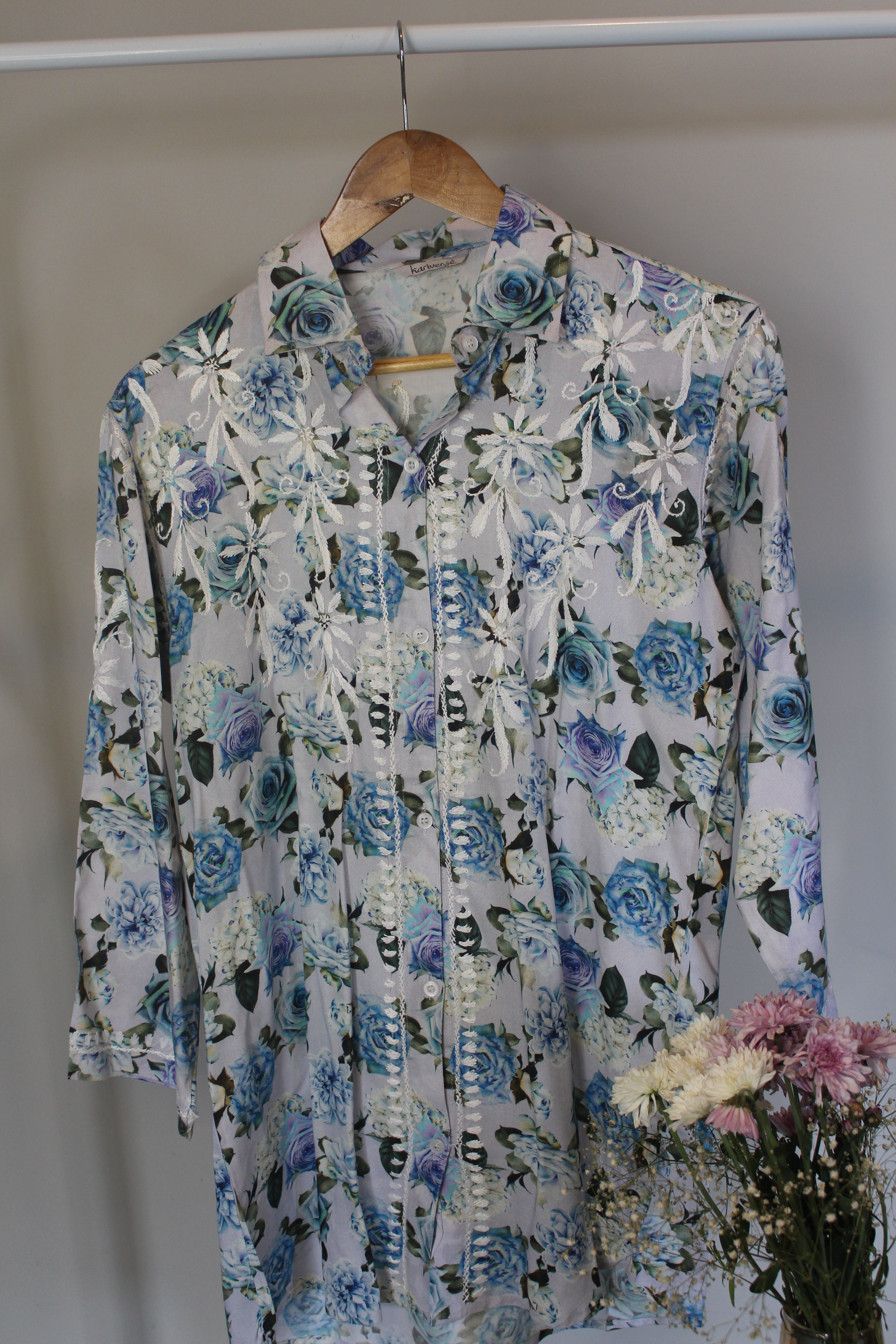 Chikankari embroidered & floral printed 3/4 sleeves shirt