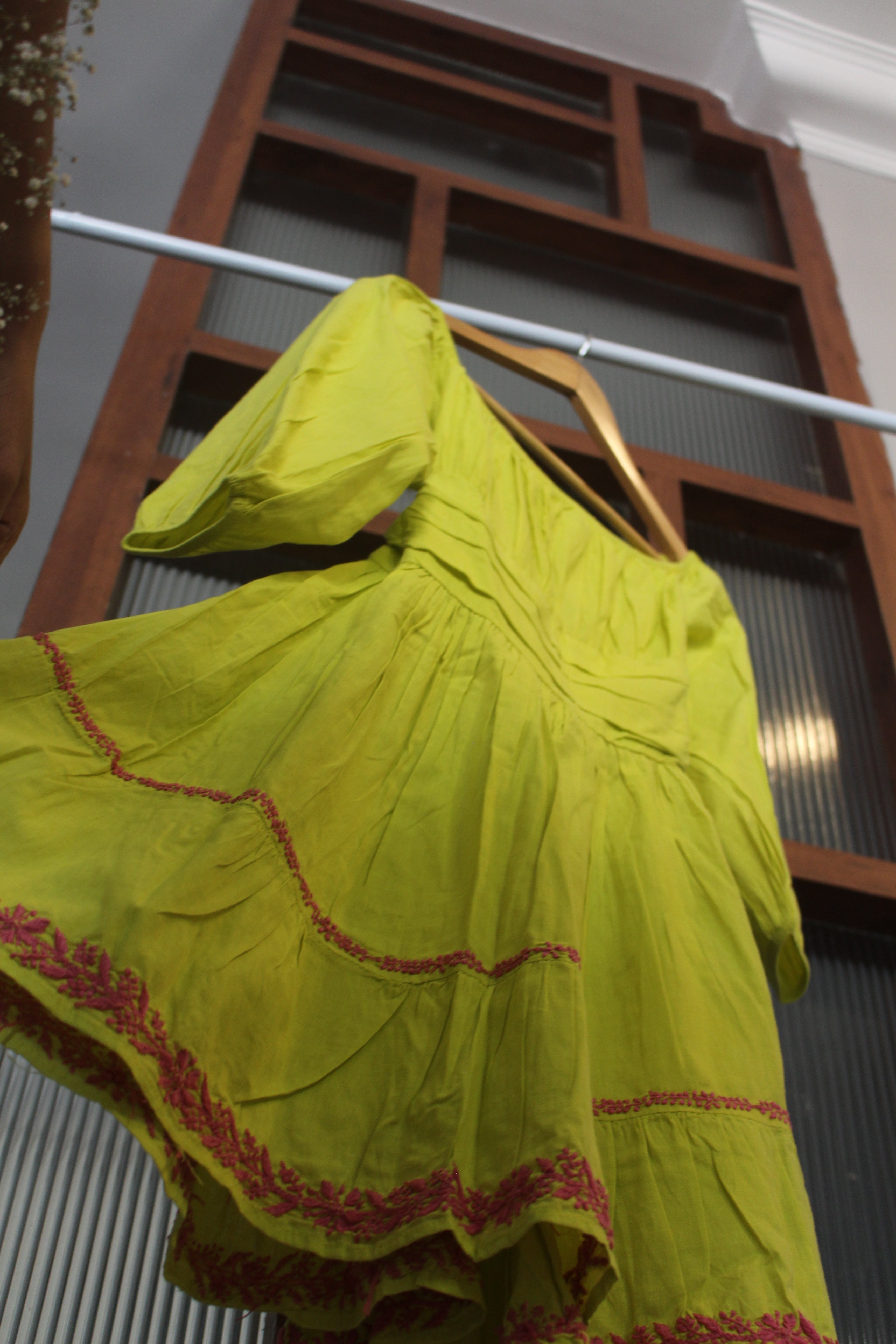 Chikankari embroidered back tie-up & smocked short dress