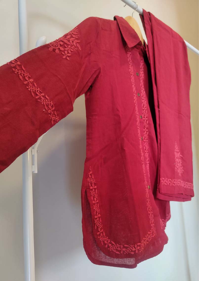 Chikankari embroidered high low hem full sleeves co-ord set