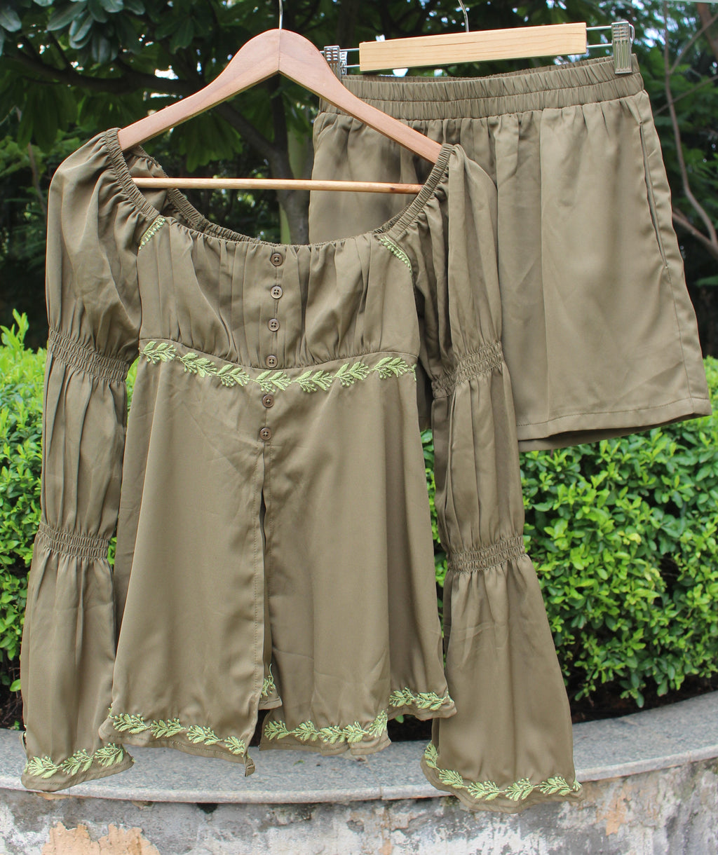 Chikankari embroidered marie sleeve co-ord set