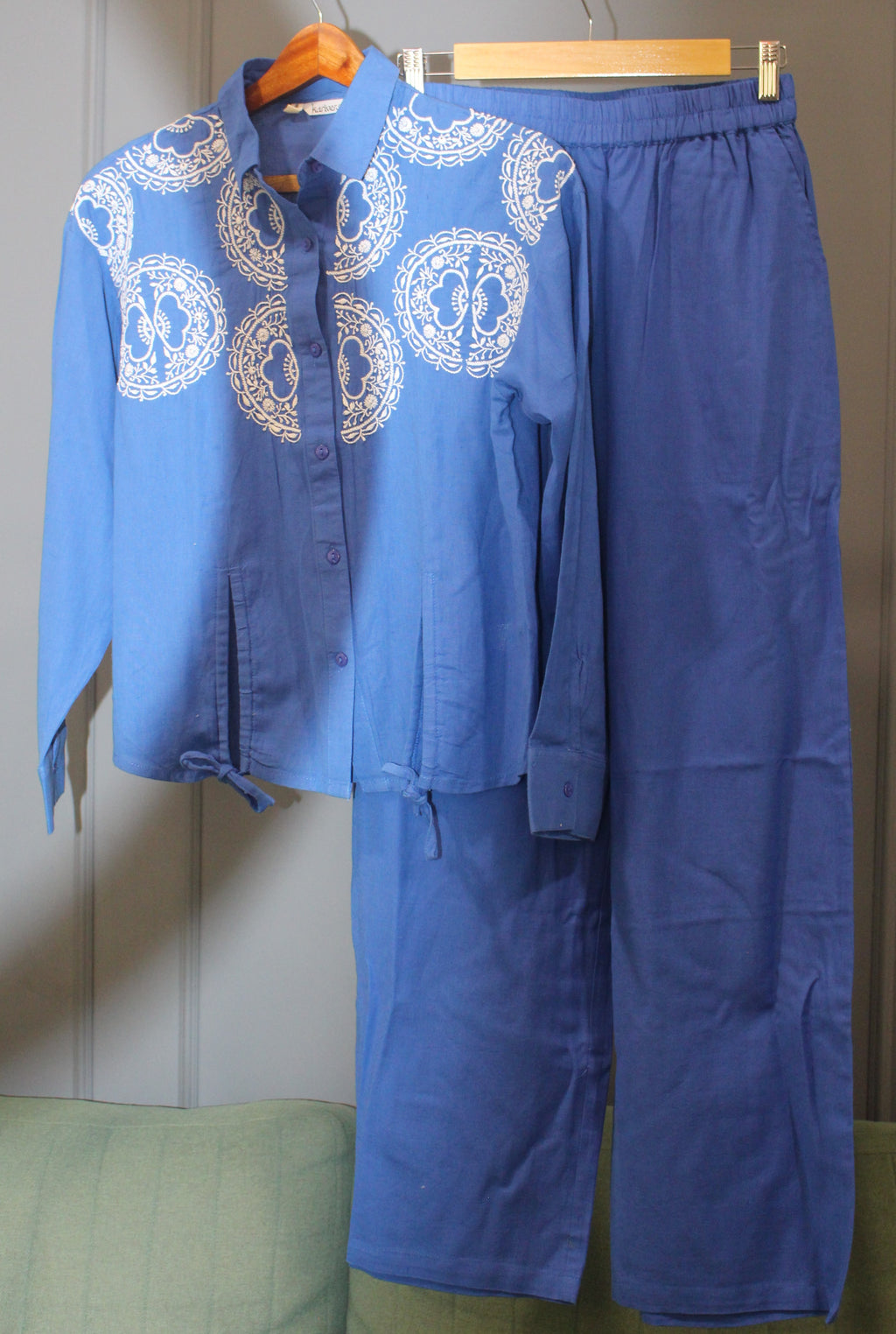 Chikankari embroidered waist tie-up detailed co-ord set