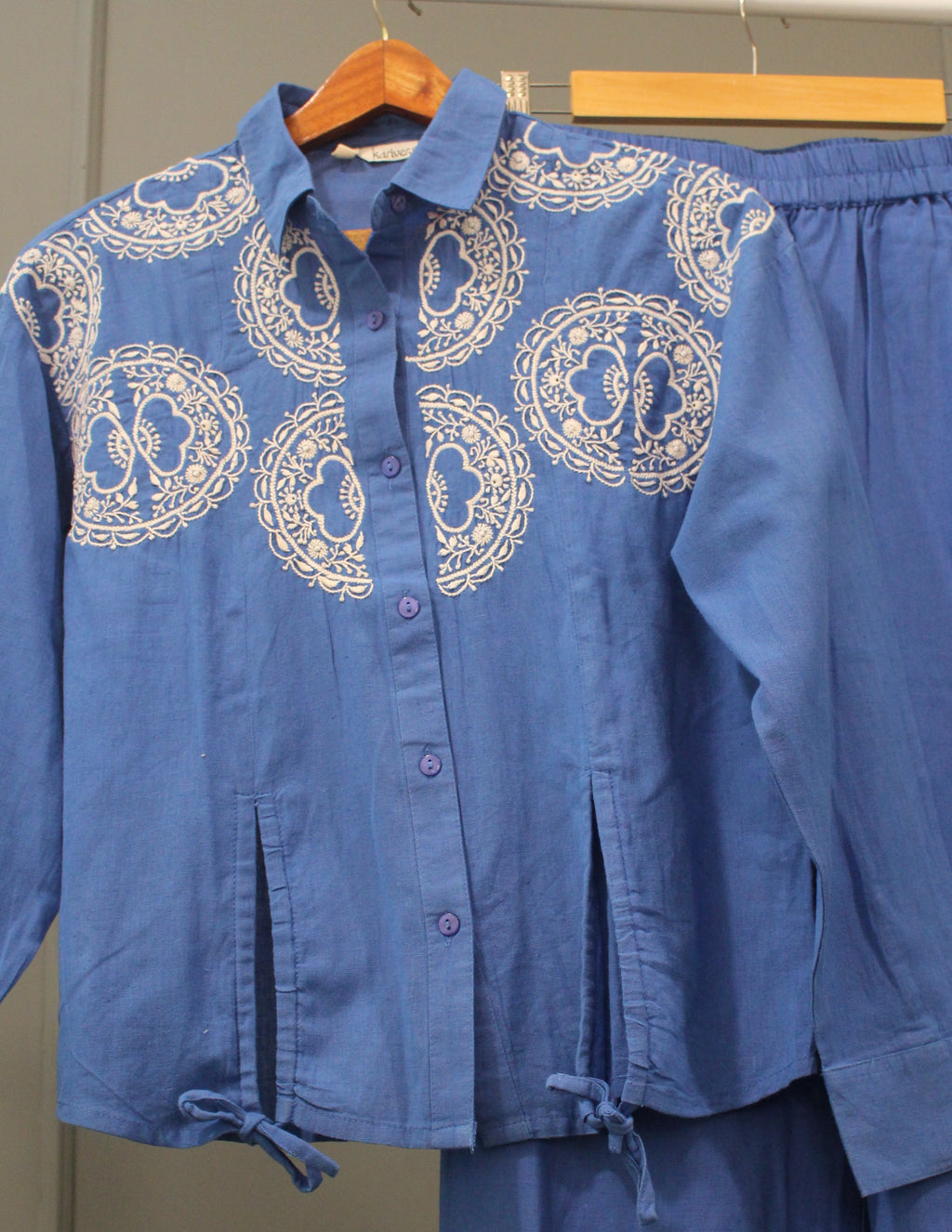 Chikankari embroidered waist tie-up detailed co-ord set